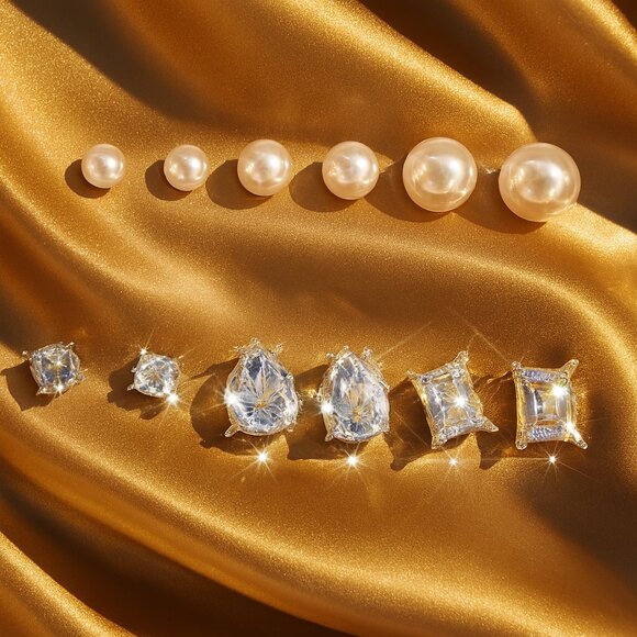 6 Pairs Hypoallergenic Stud Earrings Set – Pearl & Crystal Multi-Shape Jewelry - Picture 1 of 8